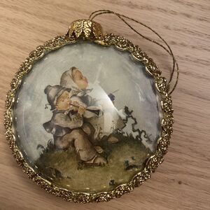 Vintage Goebel Hummel Round Hard Plastic Christmas Ornaments Gold Trim Germany